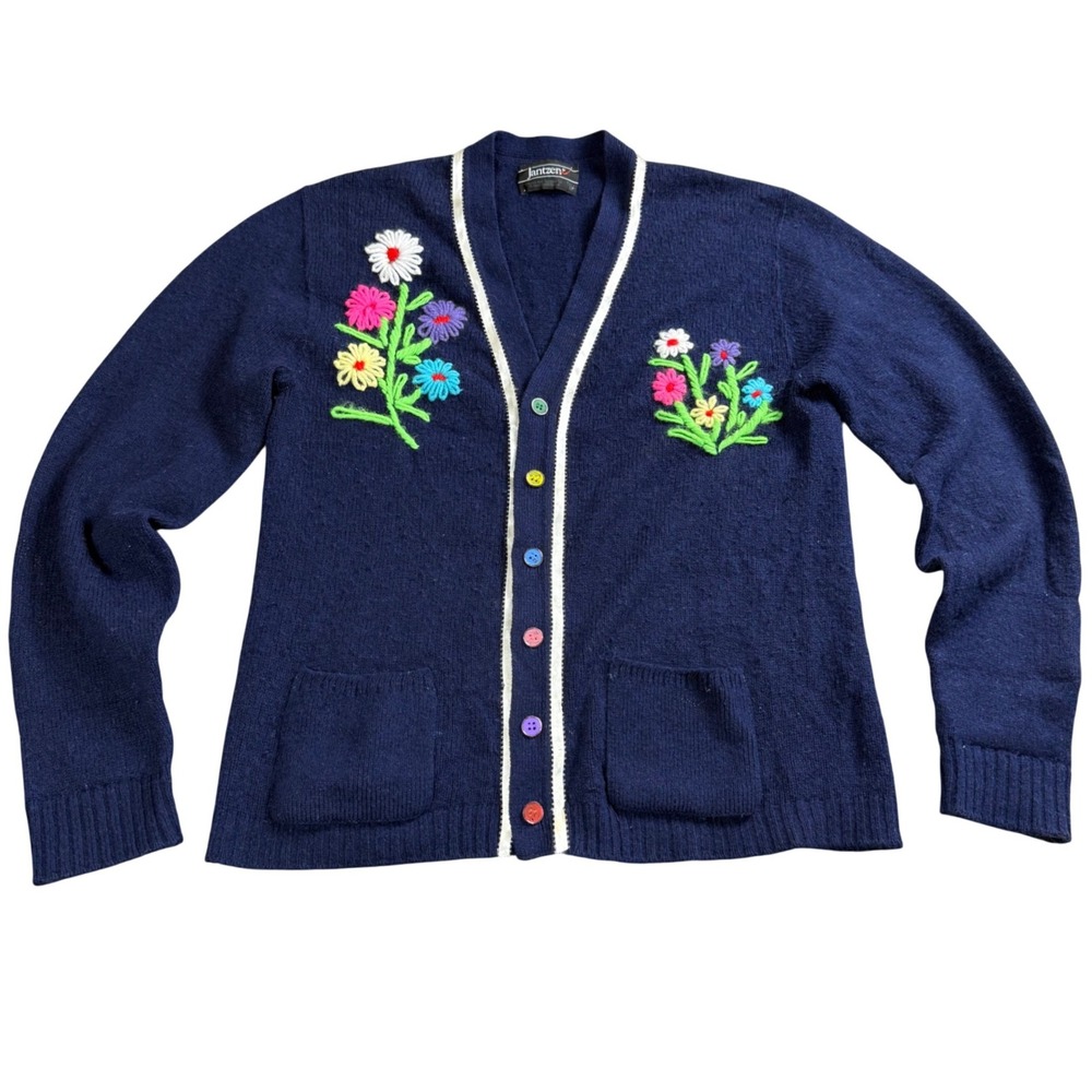 Jantzen Vintage Floral Embroidery Cardigan Blue Tall Medium Rainbow Buttons